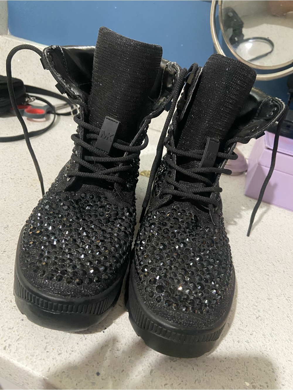 Michael Kors Black Crystal Lace-Up Combat Boots